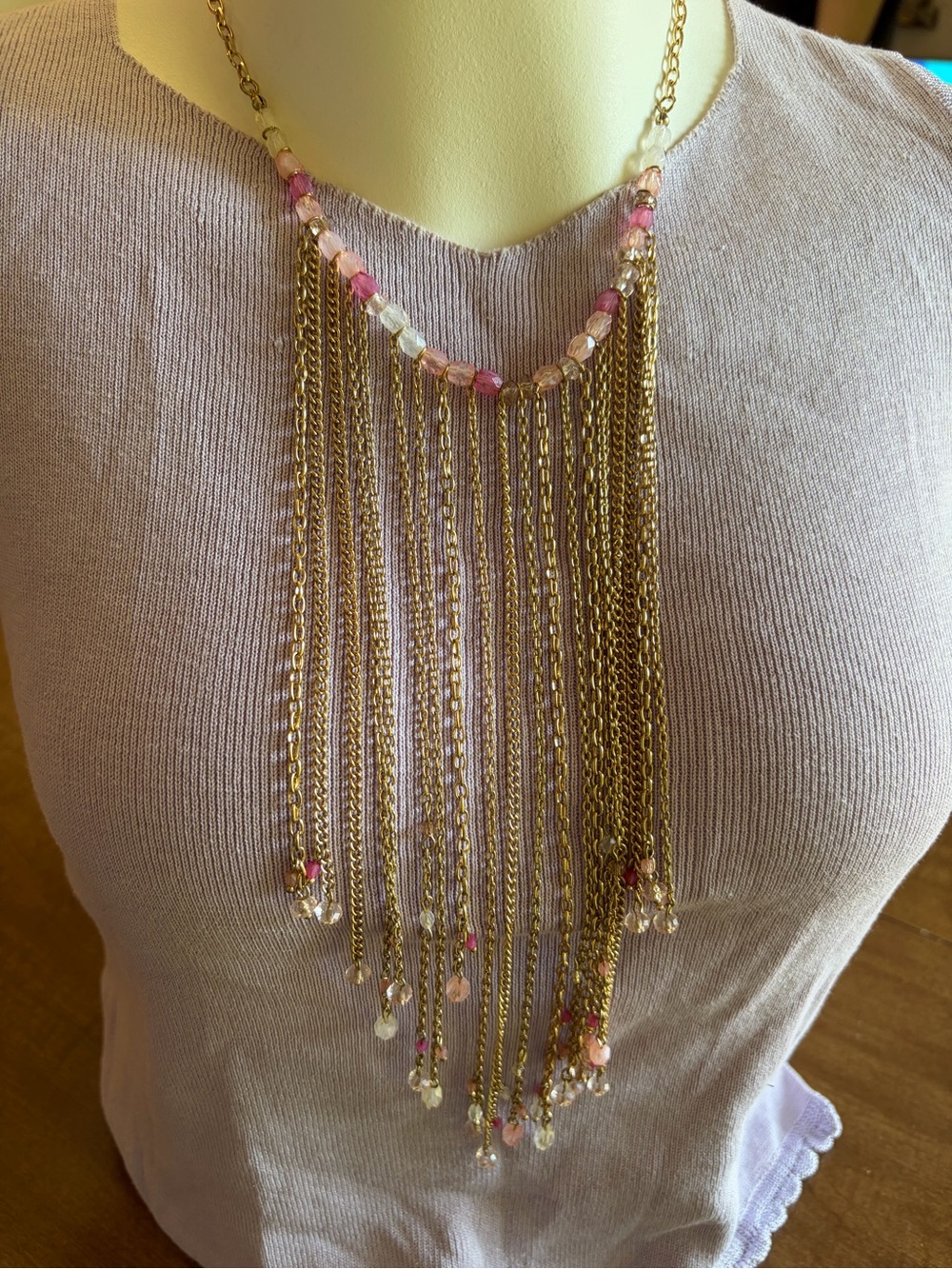 Vintage Carol Dauplaise Gold Tone Pink Beaded Fringe Statement Necklace